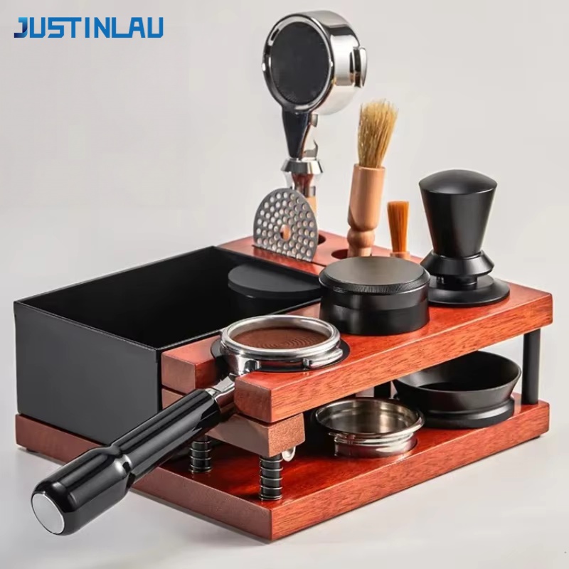 Coffee Knock Box - JUSTINLAU ที่วางแทมเปอร์กาแฟพร้อมกล่องเก็บกากกาแฟ ฐานไม้สองชั้นสำหรับจัดเก็บพอร์ตาฟิลเตอร์และแผ่นกรองกาแฟ